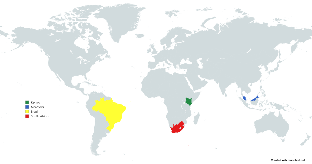 A world map highlighting Kenya in green, Malaysia in blue, Brazil in yellow, and South Africa in red, with a legend labeling each country.
