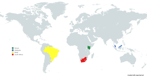 A world map highlighting Kenya in green, Malaysia in blue, Brazil in yellow, and South Africa in red, with a legend labeling each country.