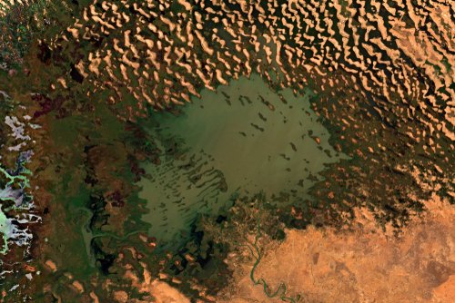 An aerial view of Lake Chad showing a greenish body of water surrounded by desert terrain with sand dunes to the north and more vegetated areas to the south.