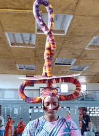 A colourful rope headdress, twisted