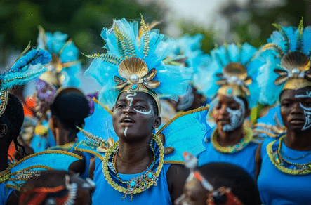 A group of performers in bright blue costumes with gold and blue feathered headpieces and white face paint participate in a festive cultural parade.