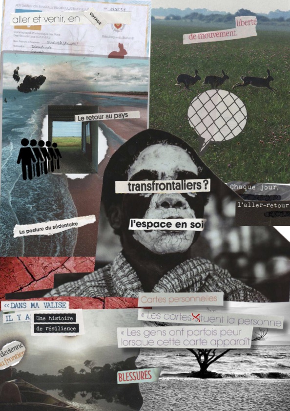 A collage made of photographs, drawings, and cut‑out French text explores themes of migration, identity, borders, and resilience, featuring images such as a passport, running rabbits, a painted face, a beach scene, and symbolic references to movement and personal history.