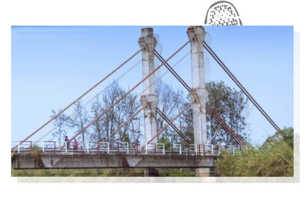 A cable‑stayed bridge with two tall pylons rises above a green landscape, with multiple diagonal cables supporting the deck beneath a clear blue sky.