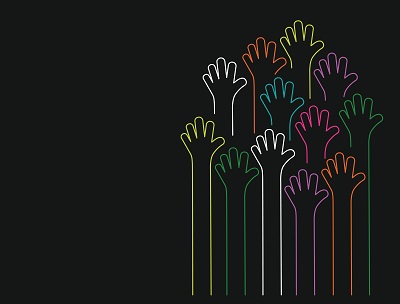 Plain background with multiple brightly coloured drawings of raised hands at different levels
