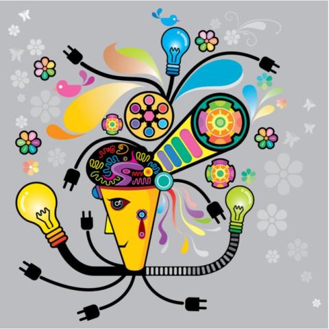 A stylised yellow head with colourful patterns, gears, and cables suggesting creativity, imagination, and energy.. connecting to light bulbs, surrounded by flowers and abstract shapes on a grey background.