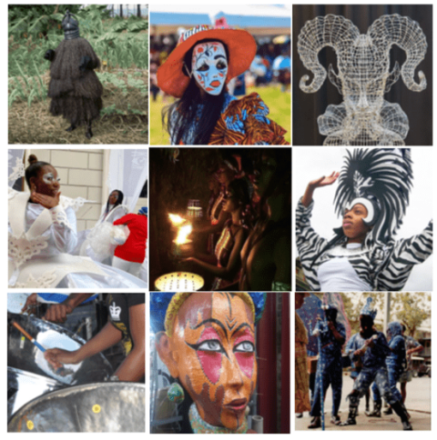 9 image montage of photographs of carnival participants, their colourful costumes, headdresses and sculptures